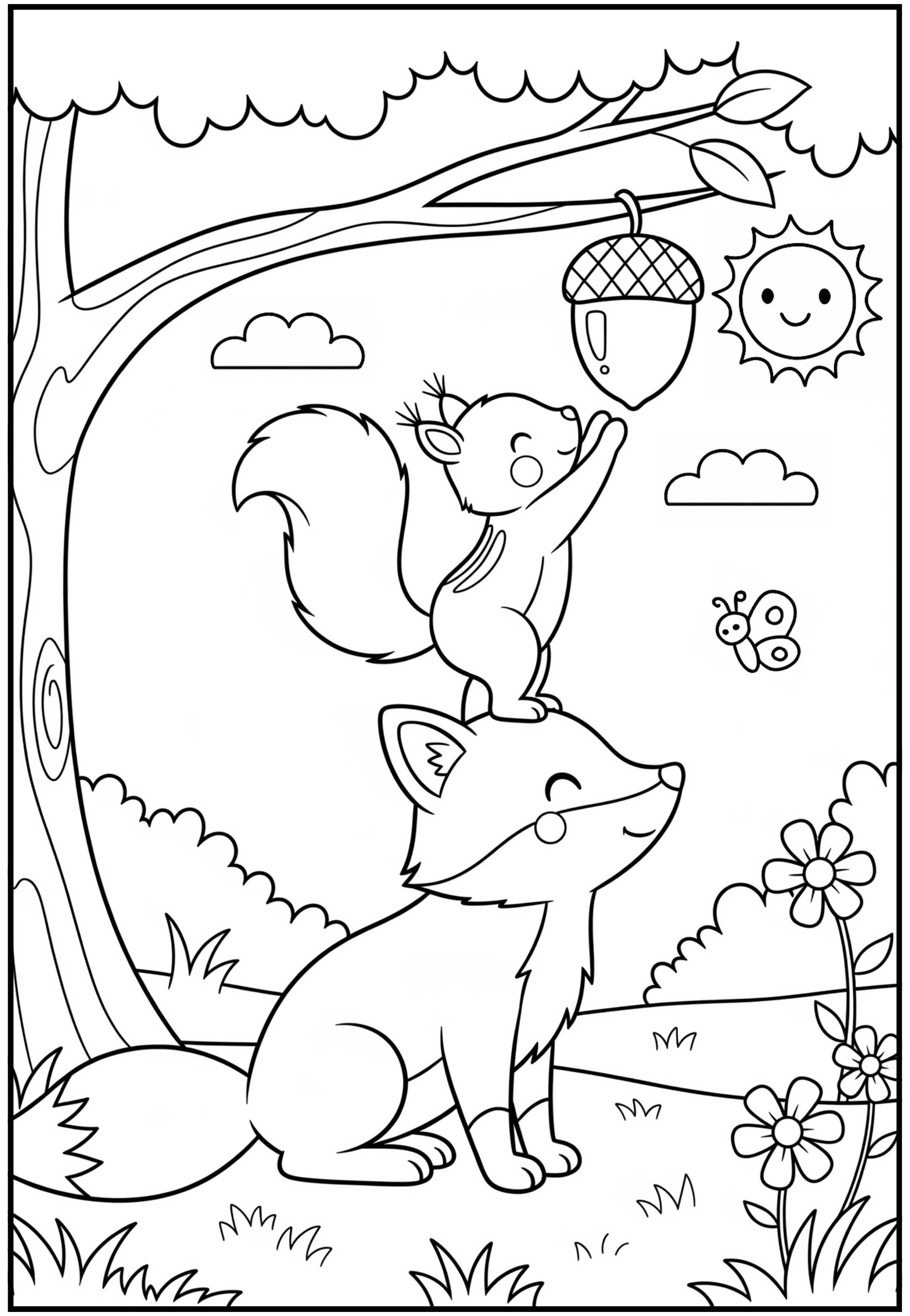 Desenho para colorir de uma raposa amigável ajudando um esquilo a alcançar uma noz em um galho baixo de árvore.