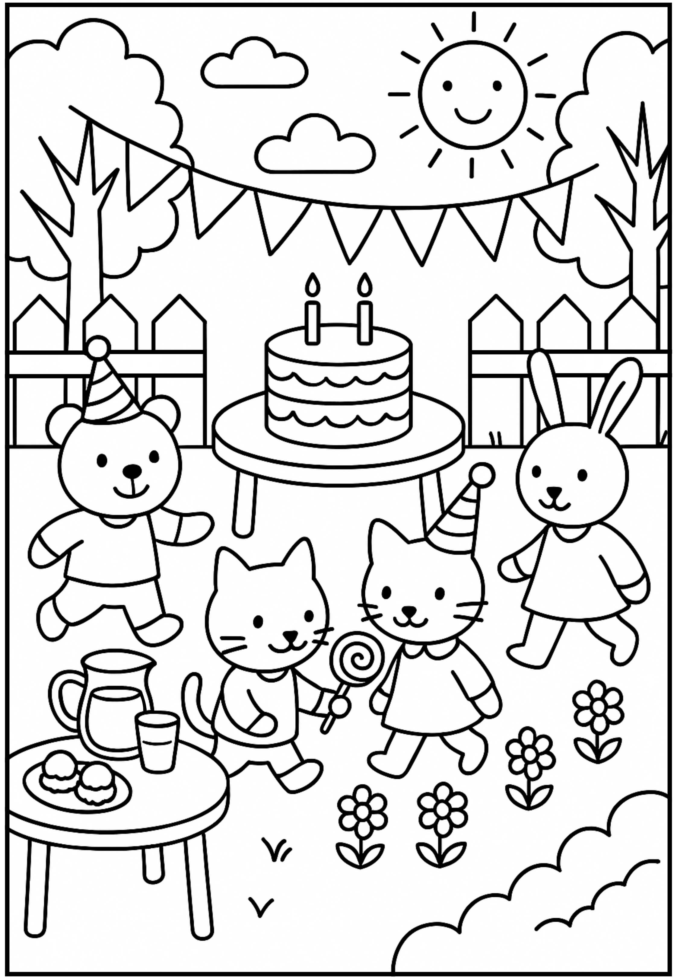 Desenho para colorir de uma festa de aniversário no quintal decorado com bandeirolas com bichinhos fofos ao redor de uma mesa com bolo de aniversário com duas velas e uma mesa de suco.