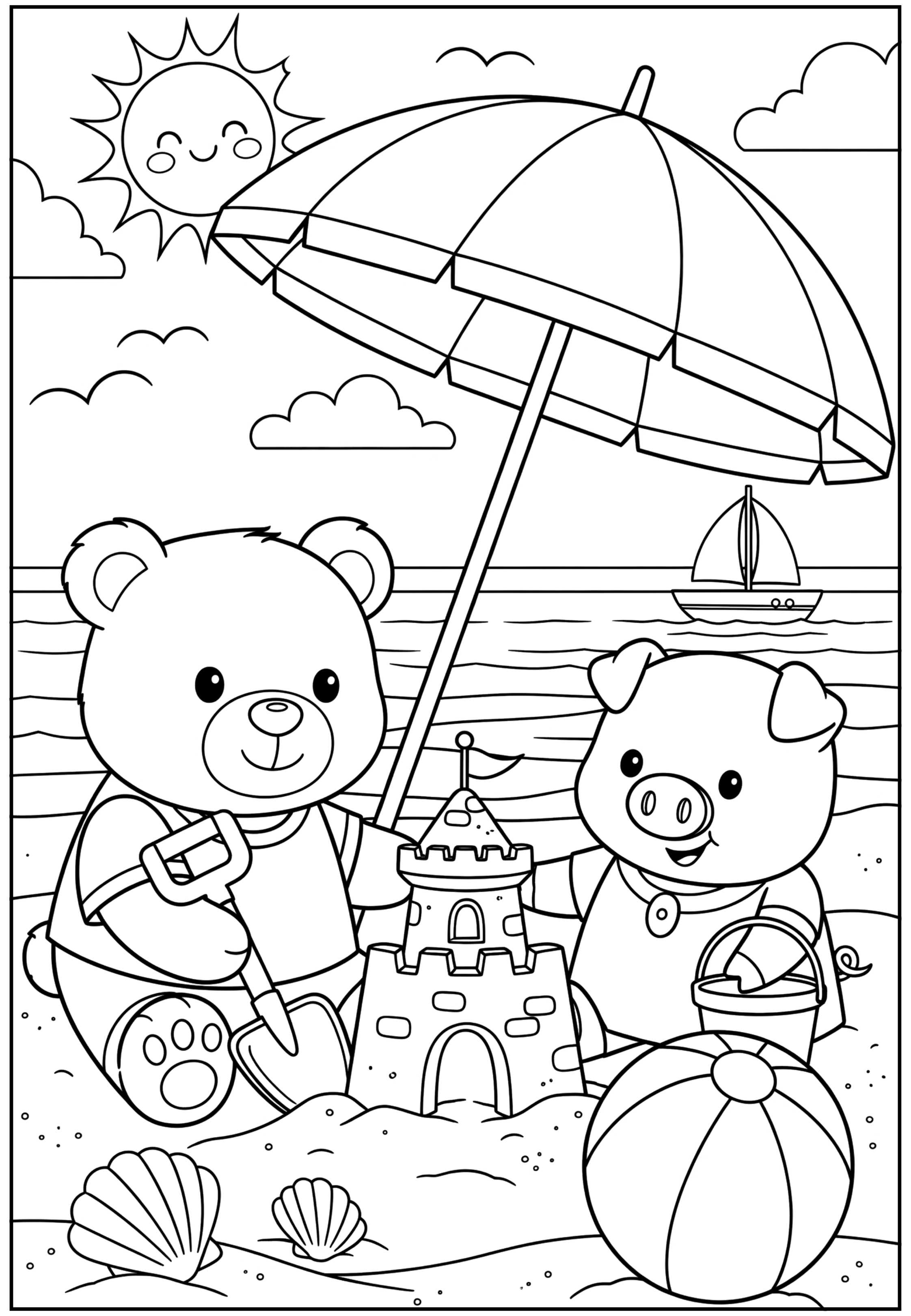 Desenho para colorir de um ursinho um porquinho construindo um castelo de areia na praia, sob um guarda-sol.