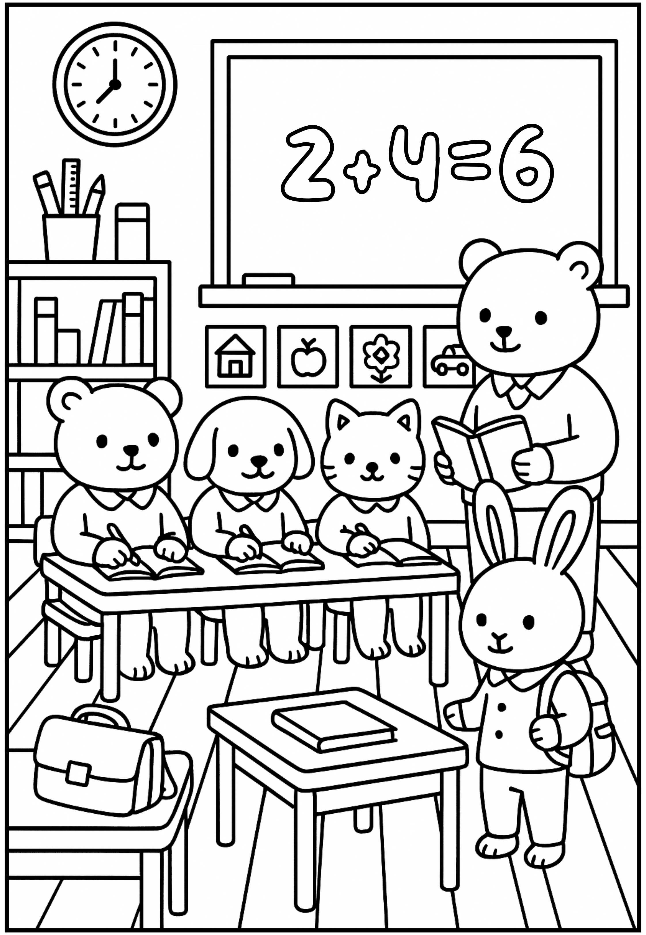 Desenho para colorir de uma sala de aula com bichinhos fofos (gatos, ursos e um coelho) como alunos e professor.