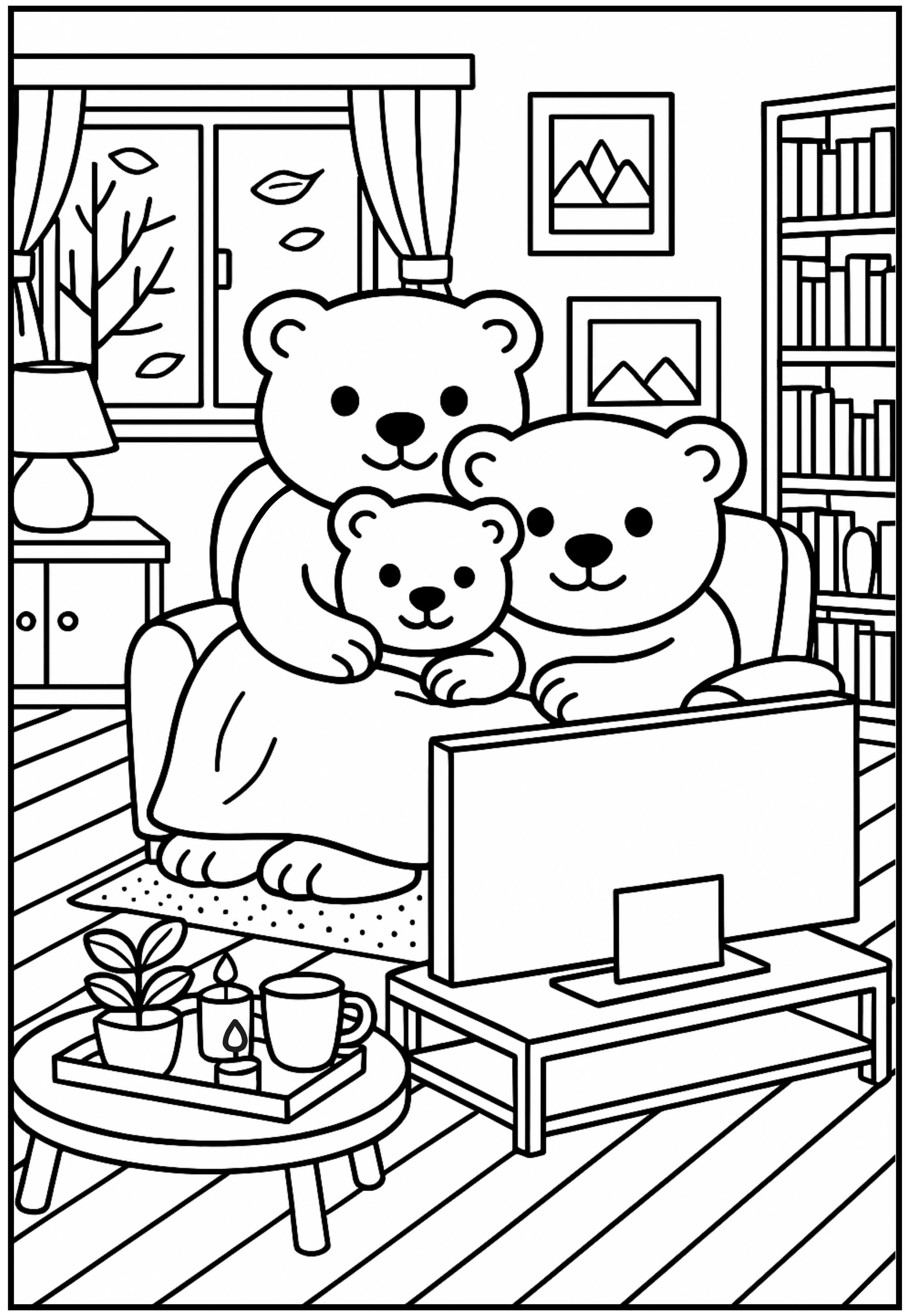 Desenho para colorir de uma família de três ursinhos sentados em um sofá com cobertor assistindo TV.