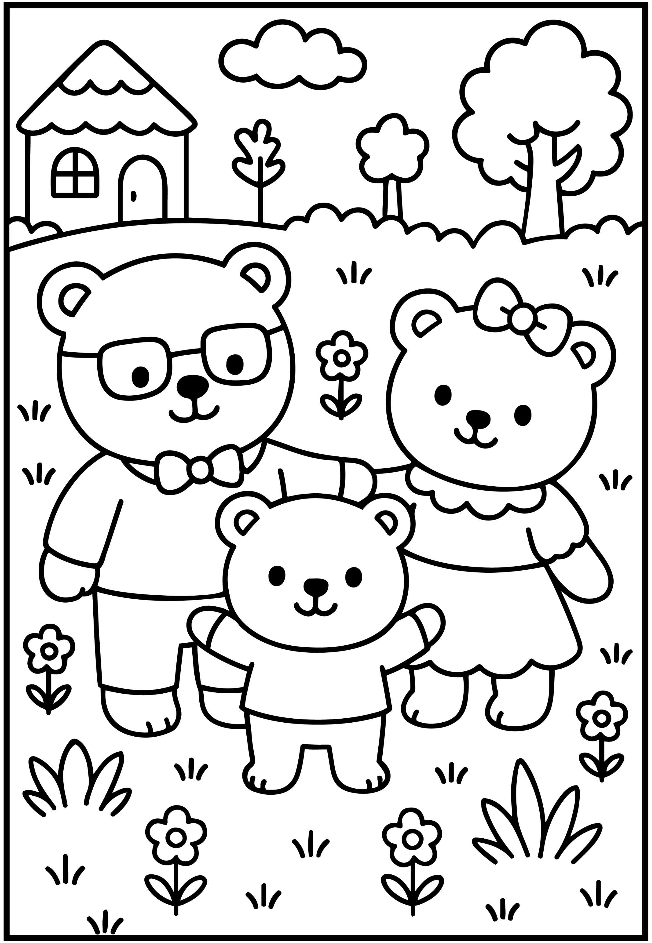 Desenho para colorir de uma família de ursos fofos, posando juntos em um campo com flores e uma casa ao fundo.