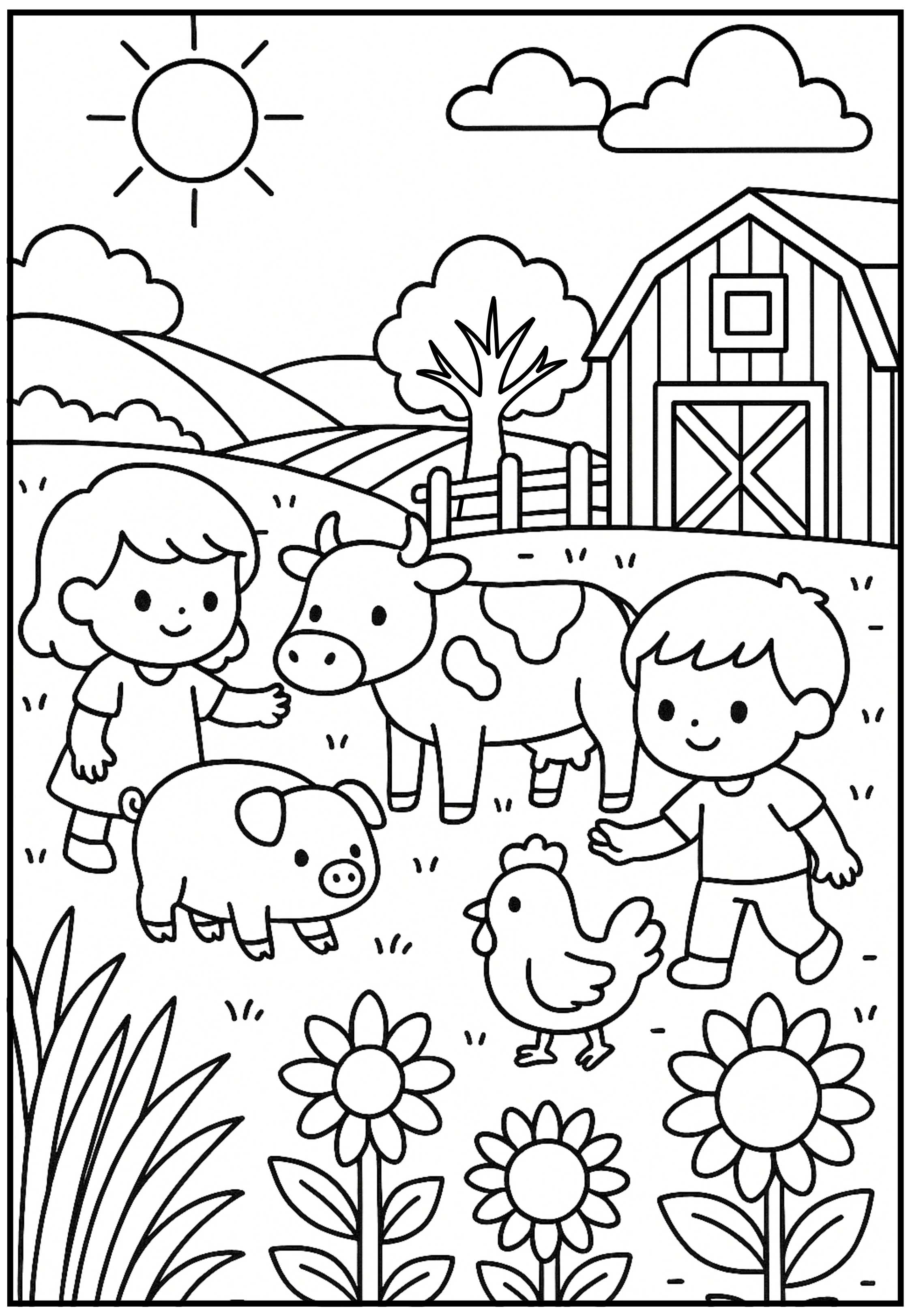 Desenho para colorir de uma fazendinha com duas crianças, animais (vaca, porco, galinha), flores, celeiro, cerca e árvore ao fundo.