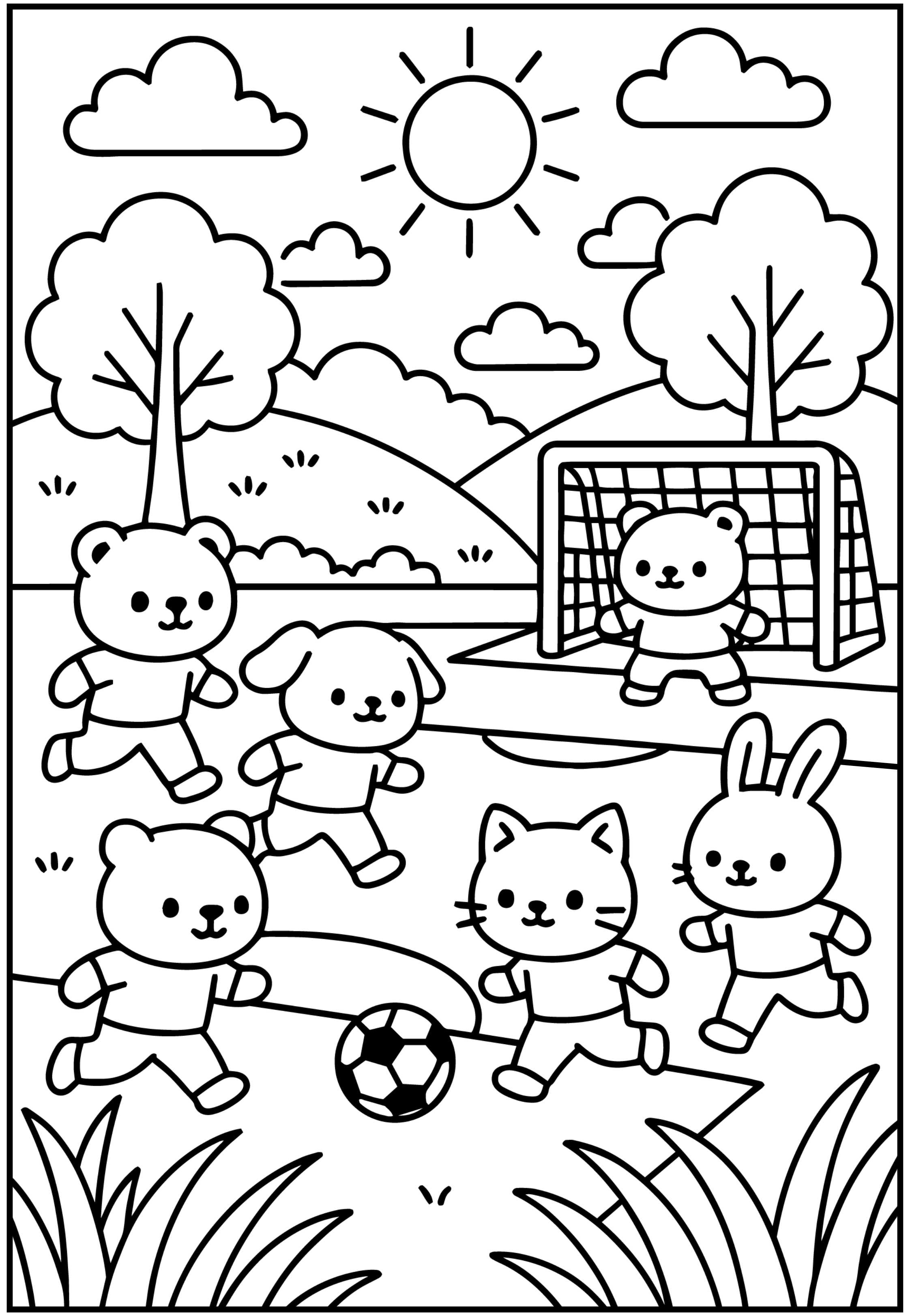 Desenho para colorir de bichinhos fofos jogando futebol em um campo gramado com uma trave, árvores e montanhas ao fundo, em um dia de sol.