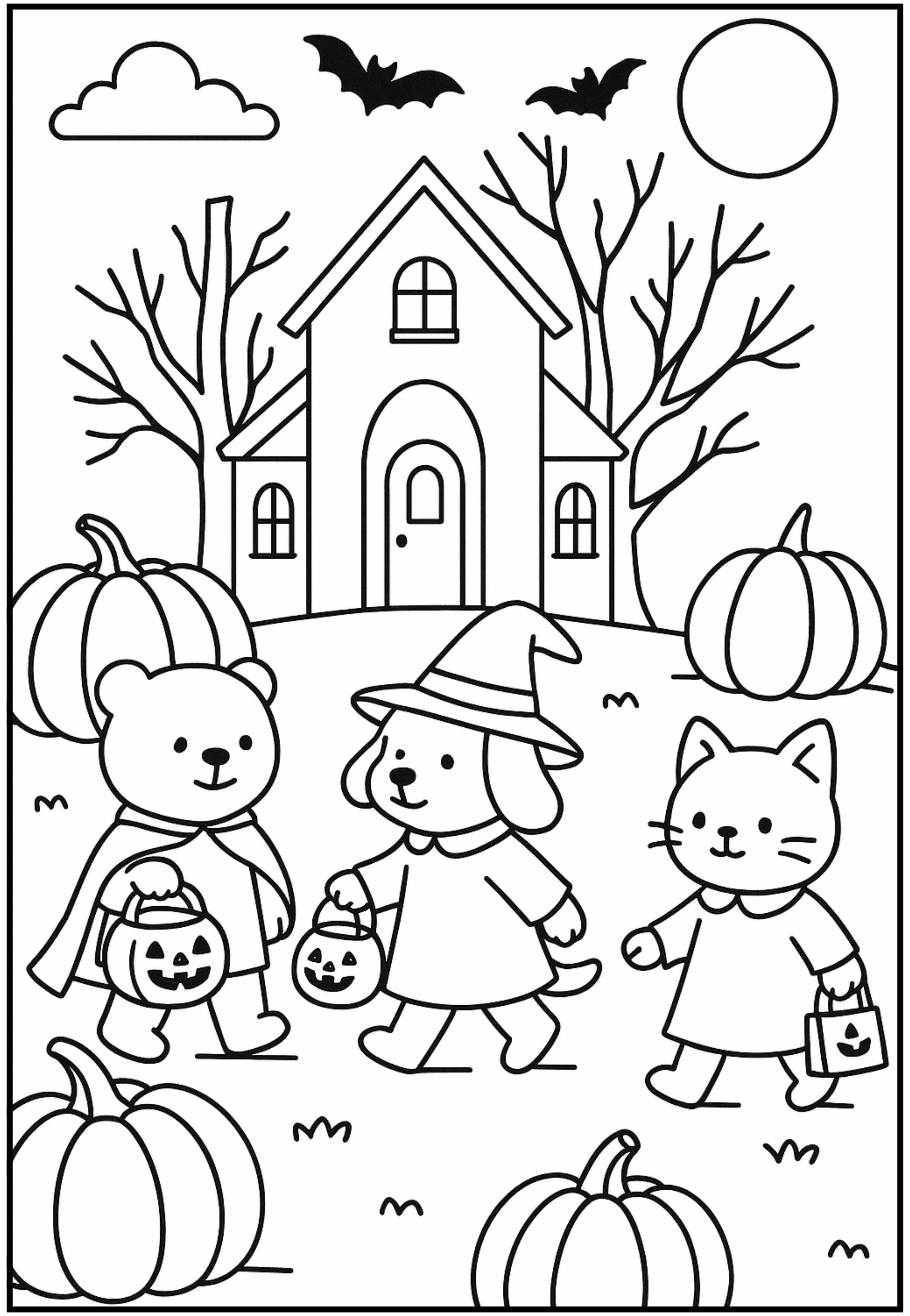 Desenho para colorir de Halloween com 3 bichinhos fantasiados brincando de doces ou travessuras em uma noite de lua cheia, com abóboras, morcegos voando e uma casa mal-assombrada.