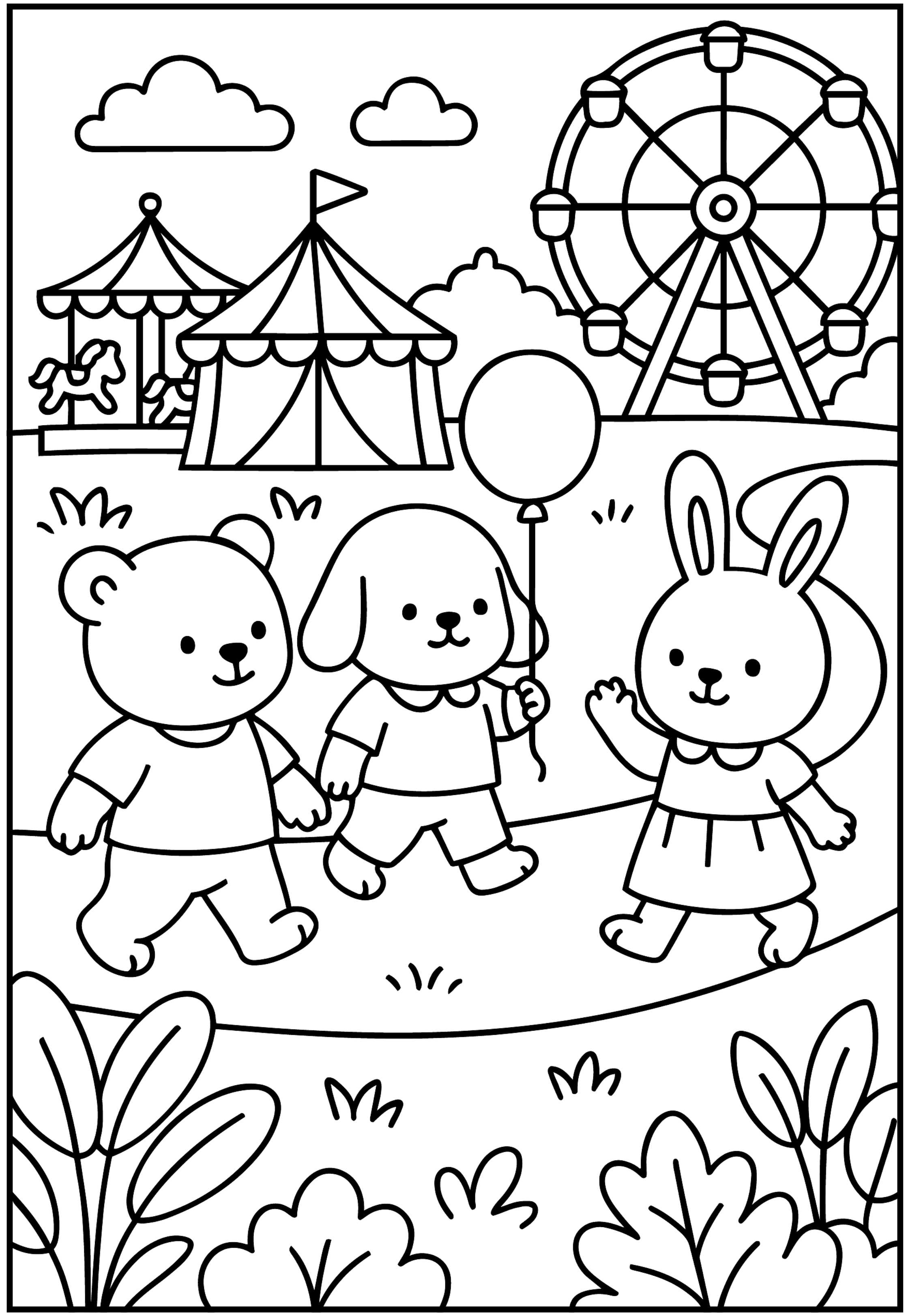 Desenho para colorir com 3 bichinhos fofos passeando em um parque de diversões com uma roda-gigante, um carrossel e uma tenda de circo ao fundo.
