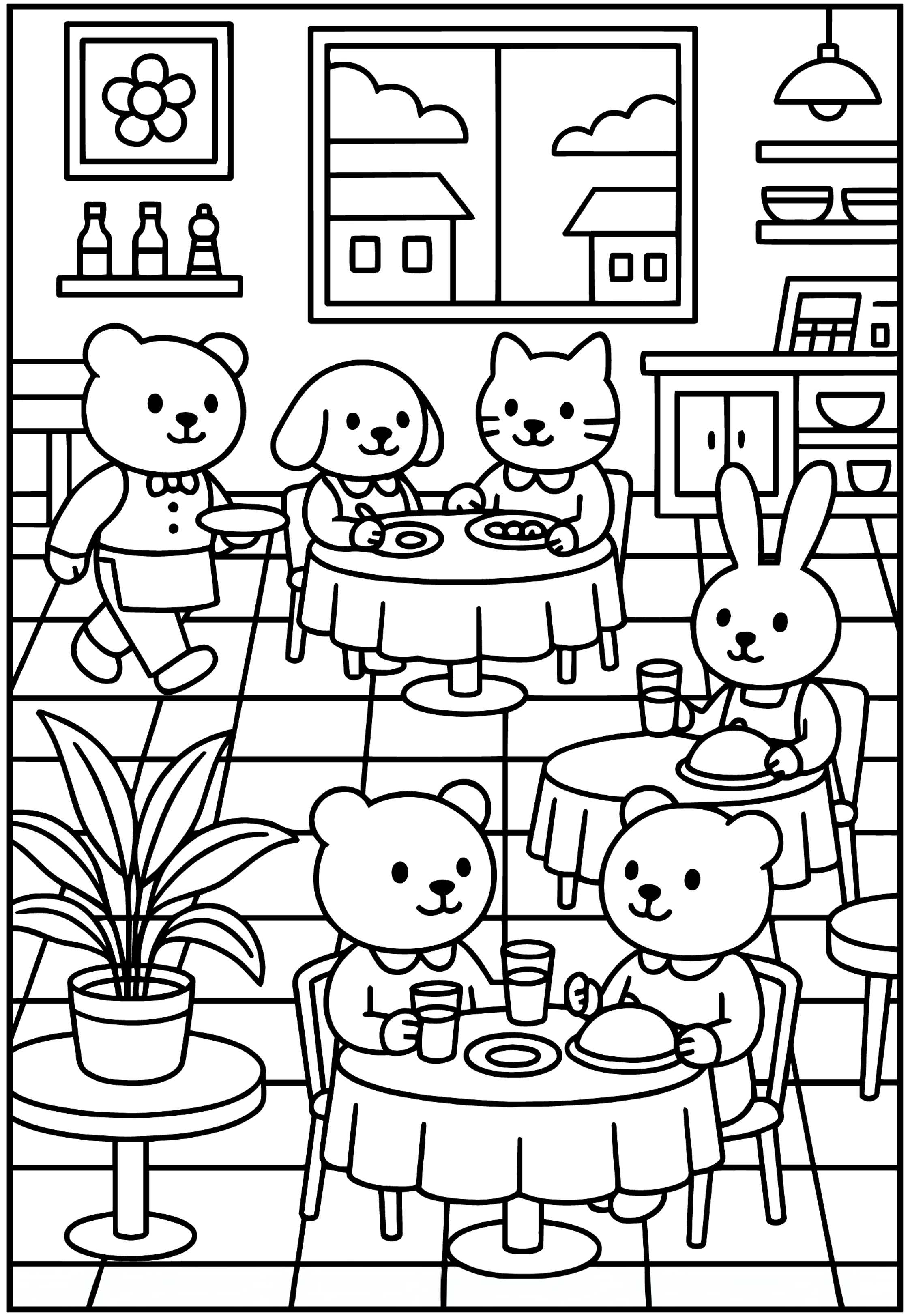 Desenho para colorir de bichinhos fofos comendo em um restaurante, sentados em 3 mesas redondas e sendo servidos por um garçom.