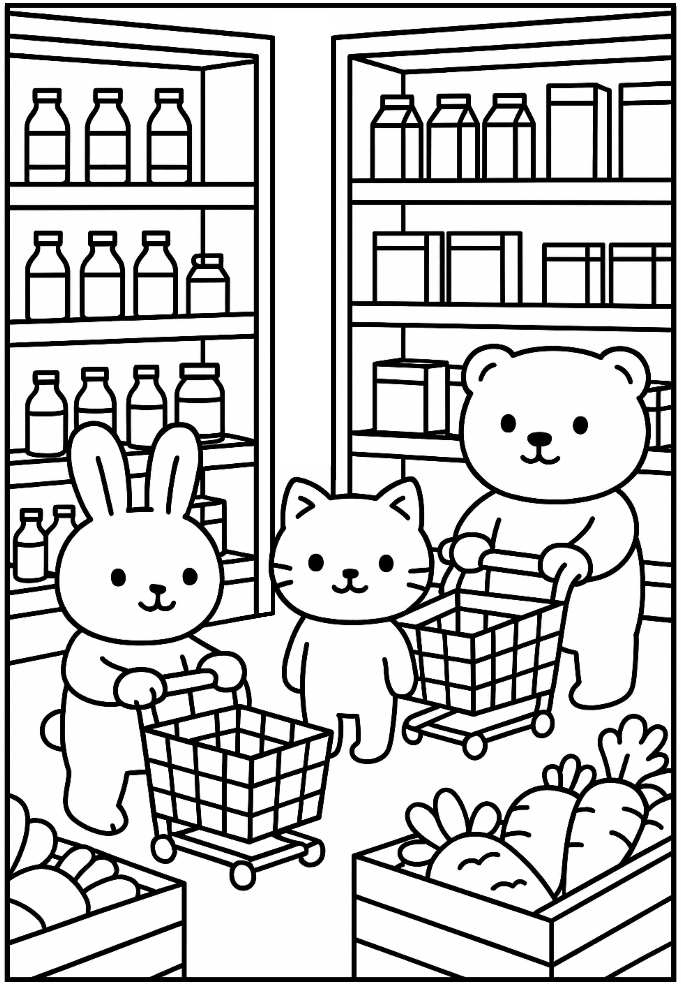 Desenho para colorir de bichinhos fofos (um coelho, um gato e um urso) fazendo compras em um supermercado, com carrinhos e prateleiras cheias.