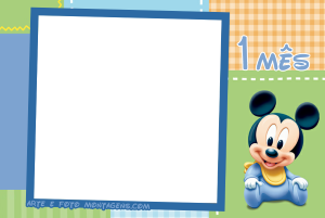 Mickey bebê, texto '1 MÊS', moldura quadrada azul, fundo patchwork colorido.