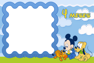 Mickey bebê, Pluto, Tigrão, texto '4 MESES', moldura azul ondulada, fundo céu nuvens.