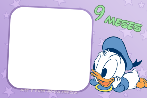 Pato Donald bebê, texto '9 MESES', moldura quadrada, fundo lilás estrelas.