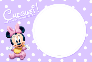 Minnie bebê, 'Cheguei!', moldura circular, fundo lilás poá.