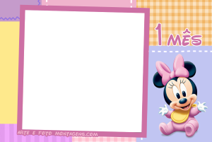 Minnie bebê, texto '1 MÊS', moldura quadrada rosa, fundo patchwork colorido.