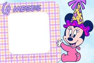 Minnie bebê chapéu festa, texto '6 MESES', moldura quadrada, fundo xadrez lilás.