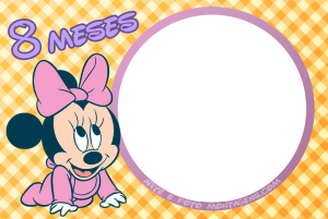 Minnie bebê, texto '8 MESES', moldura circular, fundo xadrez laranja.