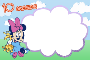 Minnie bebê, girafinha, texto '10 MESES', moldura nuvem, fundo céu grama.