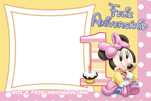 Minnie bebê, 'Feliz Aniversário', número 1, cupcake, moldura quadrada, fundo amarelo rosa poá.