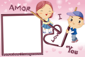 Texto 'I Love You', corações, moldura moderna, fundo rosa.