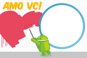 Robô Android, coração 'Amo Vc', moldura tecnológica, fundo muro branco.