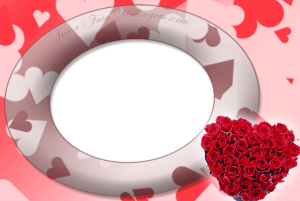 Buquê rosas, moldura oval, fundo vermelho estampado de corações.