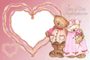 Casal ursos, corações, moldura de coração, fundo rosa.