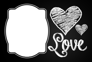 Desenhos giz corações, 'Love', moldura lousa preta.