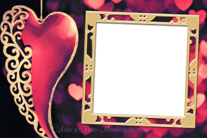 Coração vermelho com ornamento dourado, moldura dourada ornamentada, fundo preto com corações vermelhos.