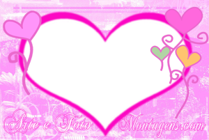 moldura no formato de coração rosa, balões de coração coloridos, fundo rosa.