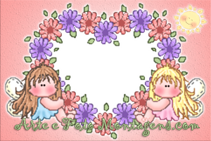 Fadinhas coloridas, moldura flores com formato de coração.