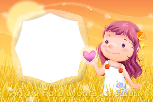 Menina cabelo rosa segurando um coração, pôr do sol, campo.