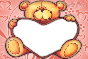 Urso pelúcia com coração, moldura xadrez, fundo bege.