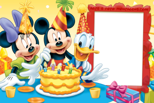 Mickey Mouse, Minnie, Pato Donald, mesa com bolo de aniversário, moldura vermelha, fundo amarelo.