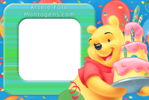 Ursinho Pooh, bolo, balões, moldura verde, fundo azul.
