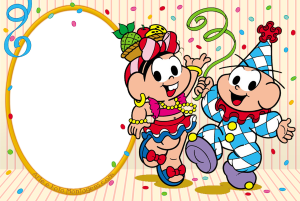 Mônica e Cebolinha fantasiados carnaval, confetes, serpentinas, moldura oval amarela.