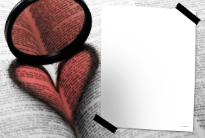 Coração, livro aberto, lupa vermelha.