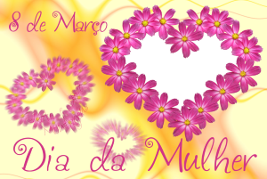 Flores rosa formando corações, frase '8 de Março, Dia da Mulher', fundo amarelo.