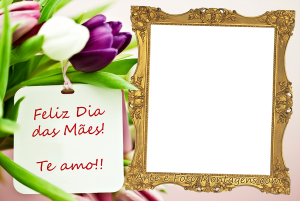Flores, cartão 'Feliz Dia das Mães', moldura retangular vintage, fundo rosa.
