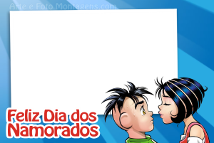 Mônica e Cebola (Turma da Mônica Jovem), frase 'Feliz Dia dos Namorados', fundo azul listrado.