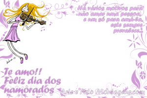 Menina tocando violino, texto lilás e fundo branco.