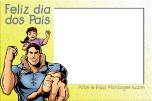 Menina no ombro do pai, frase 'feliz dia dos pais', moldura retangular, fundo amarelo.