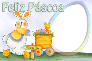Coelhinho Páscoa levando carrinho de ovos coloridos, cesta, moldura oval colorida.