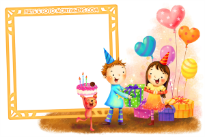 Menino e menina com bolo e bexigas comemorando aniversário, moldura amarela e fundo branco.