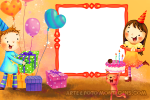 Menino e menina com bolo e bexigas comemorando aniversário, moldura vermelha e fundo laranja.