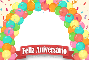 Arco balões coloridos e faixa com a frase 'Feliz Aniversário'.