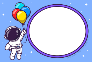 Astronauta segurando bexigas e voando, estrelas, moldura roxa oval, fundo céu azul claro estrelado.