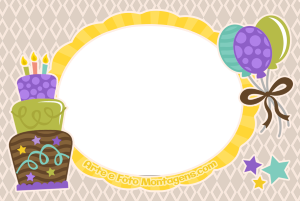 Bolo aniversário e bexigas estilo sticker, moldura oval amarela, fundo rosê.