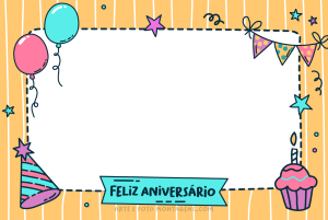 Desenhos doodle aniversário (bolo cupcake, chapéu, balões), moldura retangular, fundo amarelo.