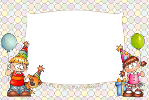 Menino, menina, cachorro, presentes, moldura quadrada e fundo colorido.