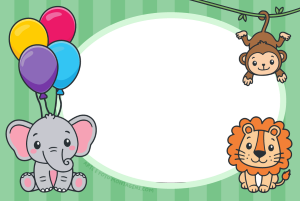 Animais fofos (leão, elefante e macaco), moldura oval, fundo verde.