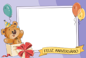 Caixa de presente com ursinho, bexigas, moldura retangular, faixa amarela escrito Feliz Aniversário e fundo lilás.